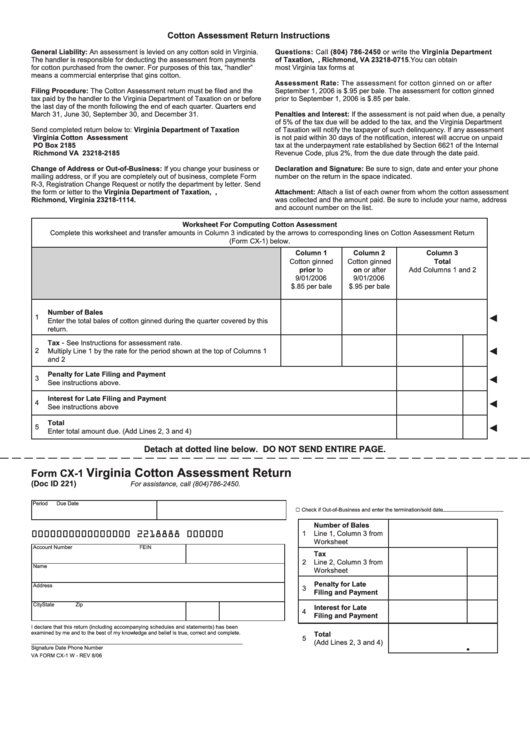 Fillable Form Cx-1 - Virginia Cotton Assessment Return Printable pdf