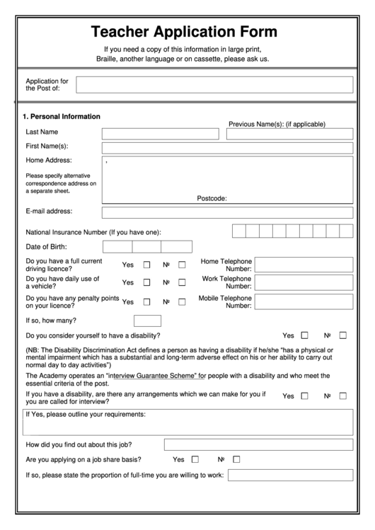 Teacher Application Form Printable pdf