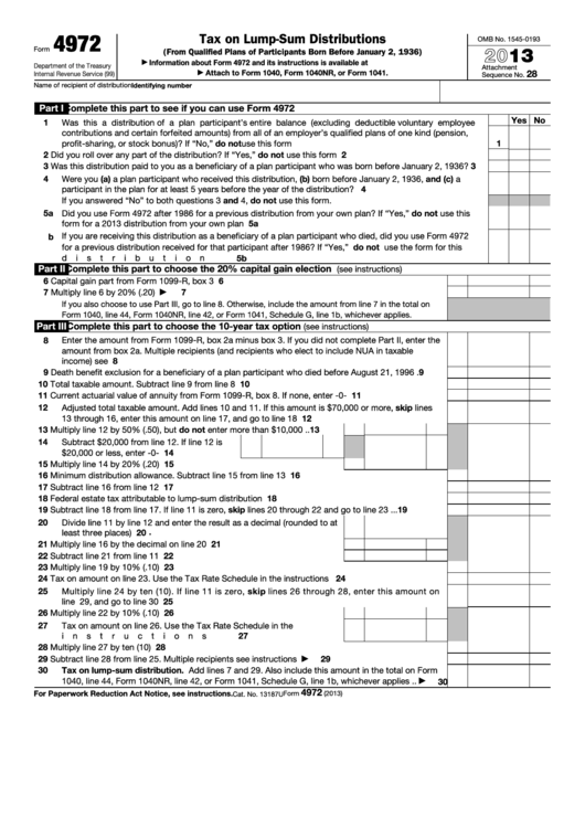 Fillable Form 4972 - Tax On Lump-Sum Distributions - 2013 Printable pdf