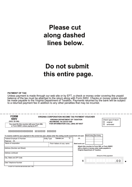 Fillable Form 500v - Virginia Corporation Income Tax Payment Voucher Printable pdf