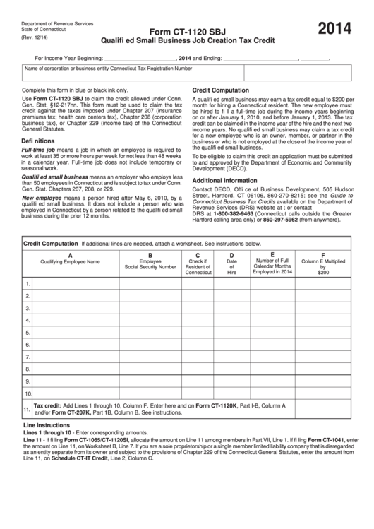 Form Ct-1120 Sbj - Connecticut Qualifi Ed Small Business Job Creation Tax Credit - 2014 Printable pdf