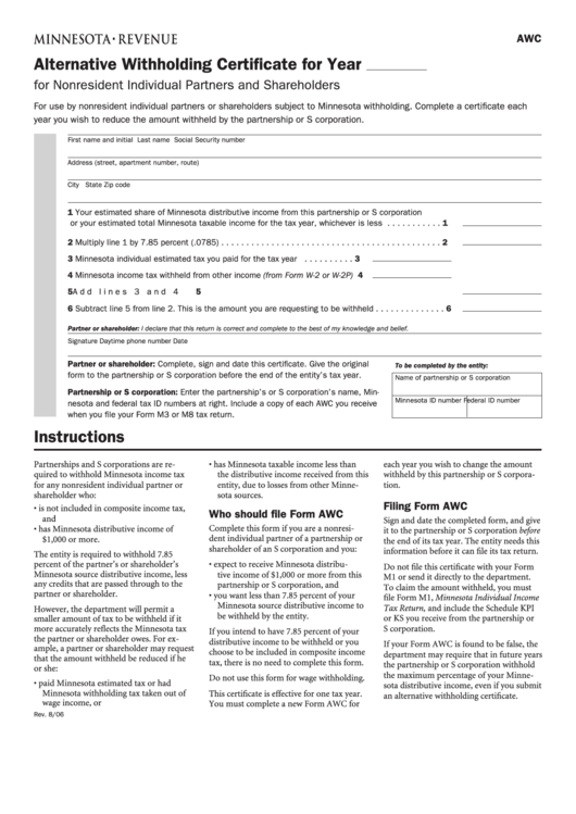 Fillable Form Awc - Alternative Withholding Certificate Printable pdf
