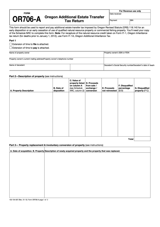 Fillable Form Or706-A - Oregon Additional Estate Transfer Tax Return Printable pdf
