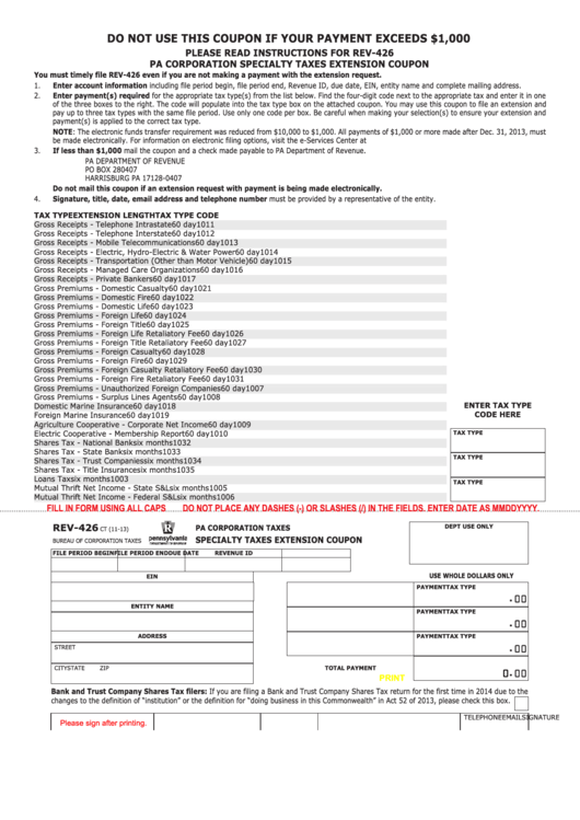 Fillable Form Rev-426 - Pennsylvania Specialty Taxes Extension Coupon Printable pdf