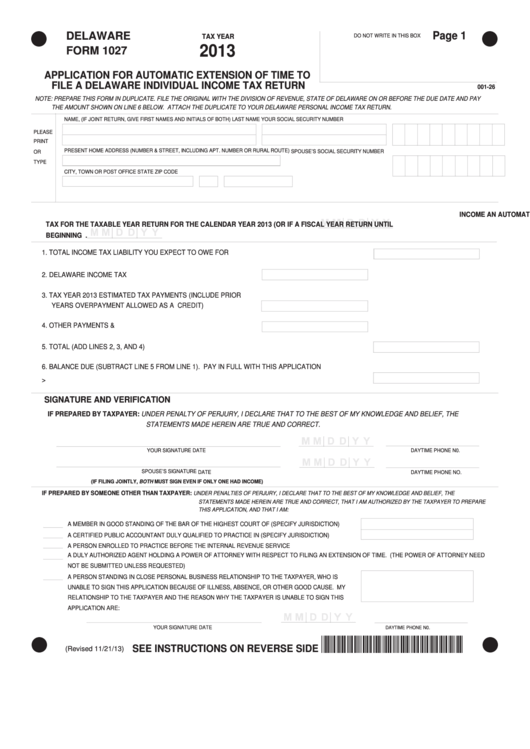 Fillable Form 1027 - Application For Automatic Extension Of Time To File A Delaware Individual Income Tax Return - 2013 Printable pdf