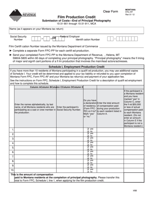 Fillable Form Fpc-Pp - Film Production Credit Submission Of Costs-End Of Principal Photography Printable pdf