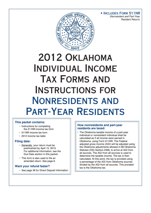 Fillable Form 511nr - Oklahoma Nonresident/ Part-Year Income Tax Return - 2012 Printable pdf
