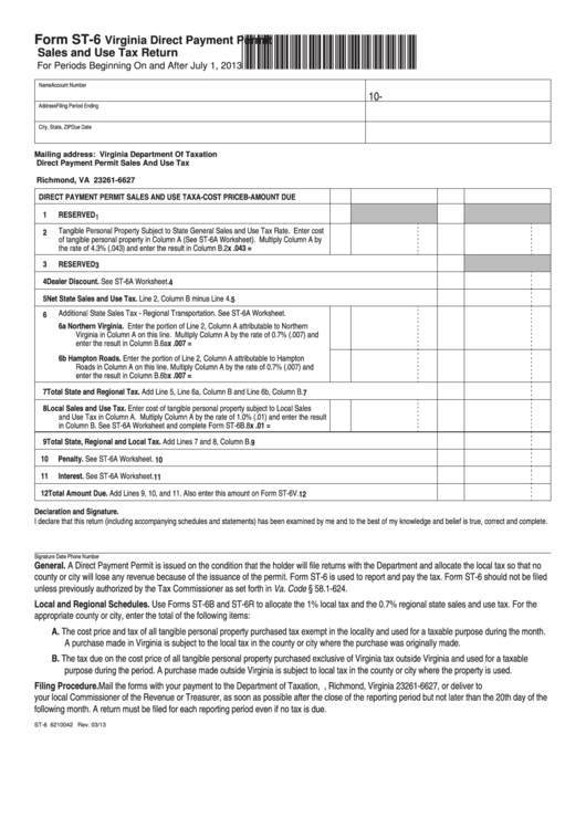 Fillable Form St-6 - Virginia Direct Payment Permit Sales And Use Tax Return - 2013 Printable pdf