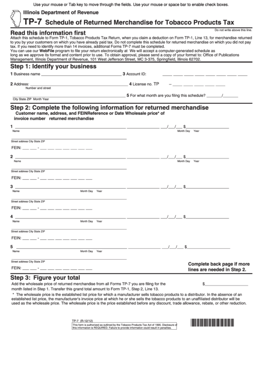 Fillable Form Tp-7 - Schedule Of Returned Merchandise For Tobacco Products Tax Printable pdf
