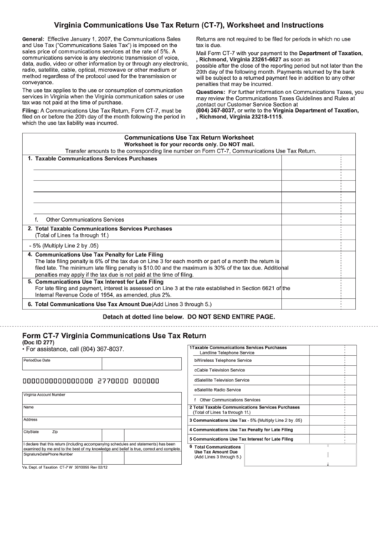 Fillable Form Ct-7 - Virginia Communications Use Tax Return Printable pdf