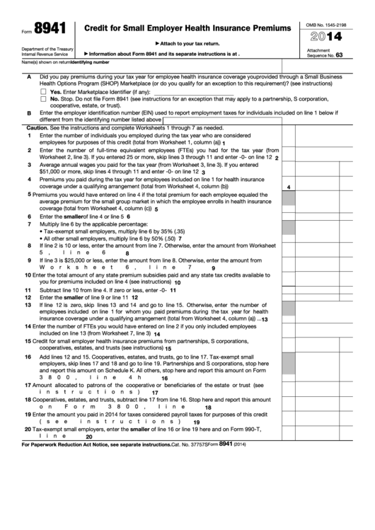 Fillable Form 8941 - Credit For Small Employer Health Insurance Premiums - 2014 Printable pdf
