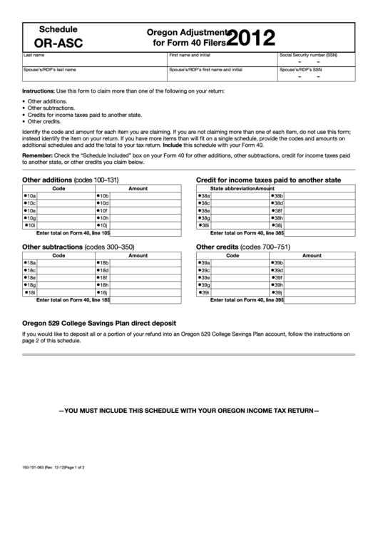 Fillable Form 40 - Schedule Or-Asc - Oregon Adjustments For Form 40 Filers - 2012 Printable pdf