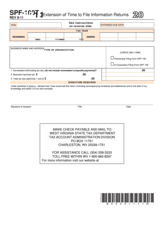 Fillable Form Spf-100t - West Virginia Extension Of Time To File Information Returns - 2011 Printable pdf