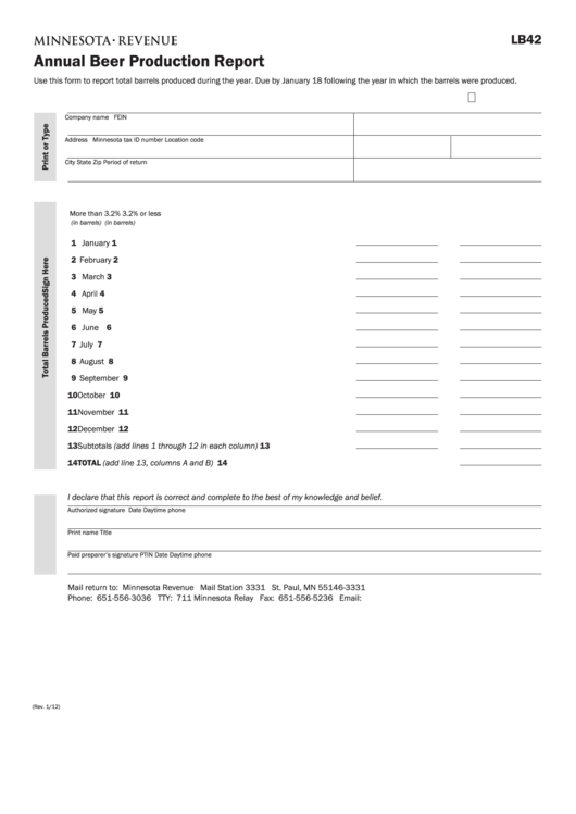 Fillable Form Lb42 - Annual Beer Production Report Printable pdf