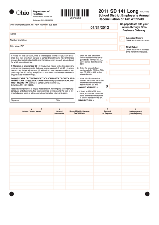 Fillable Form Sd 141 Long - Ohio School District Employer