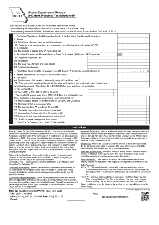 Fillable Form Int-2-1 - Bank Franchise Tax Schedule Bf - 2013 Printable pdf
