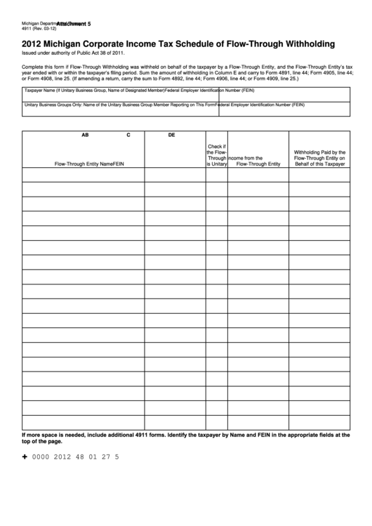 Form 4911 - Michigan Corporate Income Tax Schedule Of Flow-Through Withholding - 2012 Printable pdf
