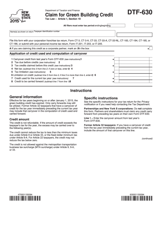 Fillable Form Dtf-630 - Claim For Green Building Credit - 2015 Printable pdf