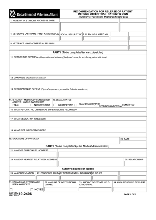 Fillable Form 10-2406 - Recommendation For Release Of Patient In Home Other Than Patient