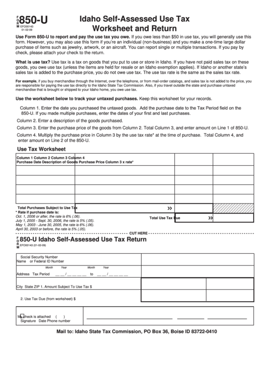 Fillable Form 850-U - Idaho Self-Assessed Use Tax Worksheet And Return Printable pdf