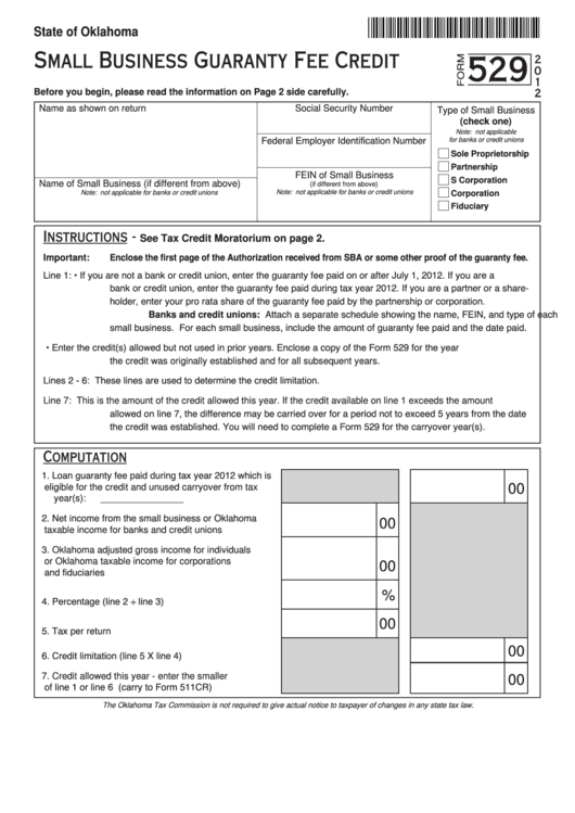 Fillable Form 529 - Small Business Guaranty Fee Credit - 2012 Printable pdf