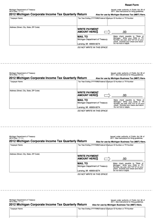 Fillable Form 4913 - Michigan Corporate Income Tax Quarterly Return - 2012 Printable pdf