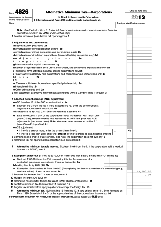 Fillable Form 4626 - Alternative Minimum Tax-Corporations - 2013 Printable pdf