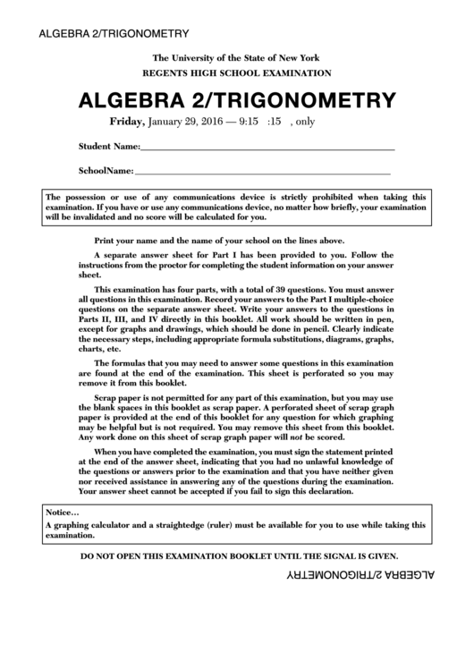 Algebra 2/trigonometry - Worksheet Printable pdf