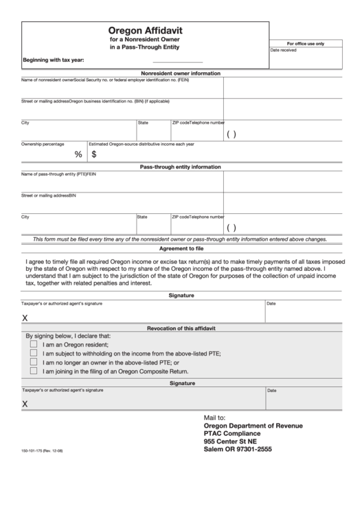 Fillable Form 150-101-175 - Oregon Affidavit For A Nonresident Owner In A Pass-Through Entity Printable pdf