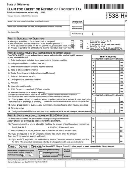 Fillable Form 538-H - Claim For Credit Or Refund Of Property Tax - 2012 Printable pdf
