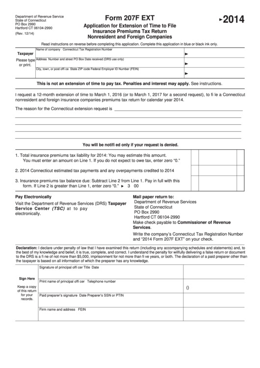 Form 207f Ext - Application For Extension Of Time To File Insurance Premiums Tax Return Nonresident And Foreign Companies - 2014 Printable pdf