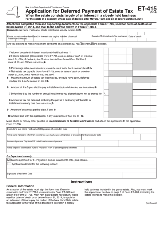 Form Et-415 - New York Application For Deferred Payment Of Estate Tax Printable pdf