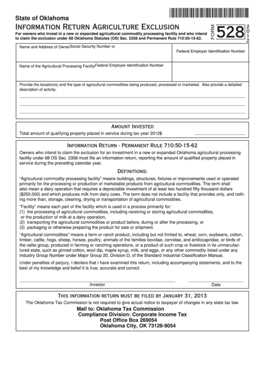 Fillable Form 528 - Information Return Agriculture Exclusion - 2012 Printable pdf