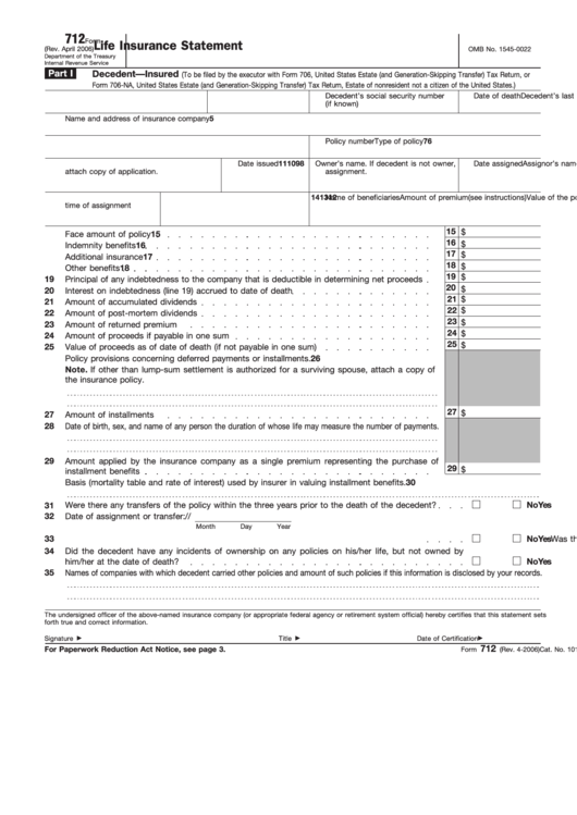 Fillable Form 712 - Life Insurance Statement Printable pdf