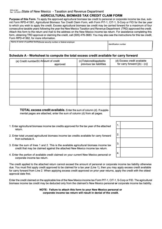 Form Rpd-41361 - Agricultural Biomass Tax Credit Claim Form Printable pdf