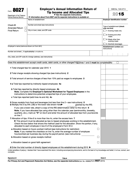 Form 8027 - Employer's Annual Information Return Of Tip Income And Allocated Tips - 2015