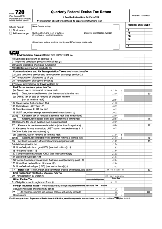 Fillable Form 720 - Quarterly Federal Excise Tax Return Printable pdf