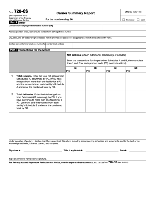 Fillable Form 720-Cs - Carrier Summary Report Printable pdf