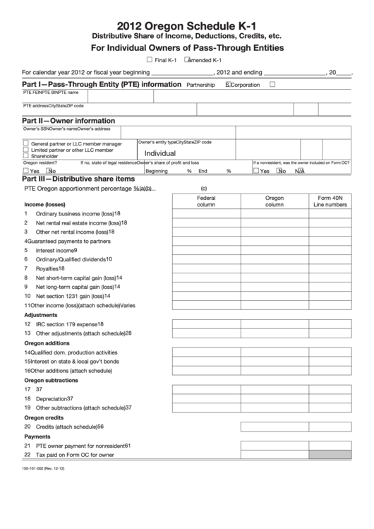 Fillable Form 150-101-00 - Schedule K-1- Distributive Share Of Income, Deductions, Credits, Etc. For Individual Owners Of Pass-Through Entities - 2012 Printable pdf