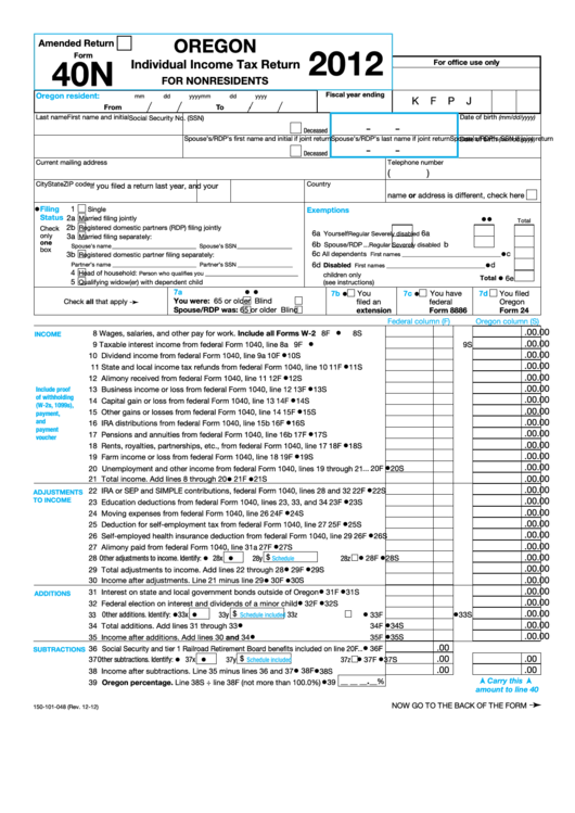 Fillable Form 40n - Oregon Individual Income Tax Return For Nonresidents - 2012 Printable pdf
