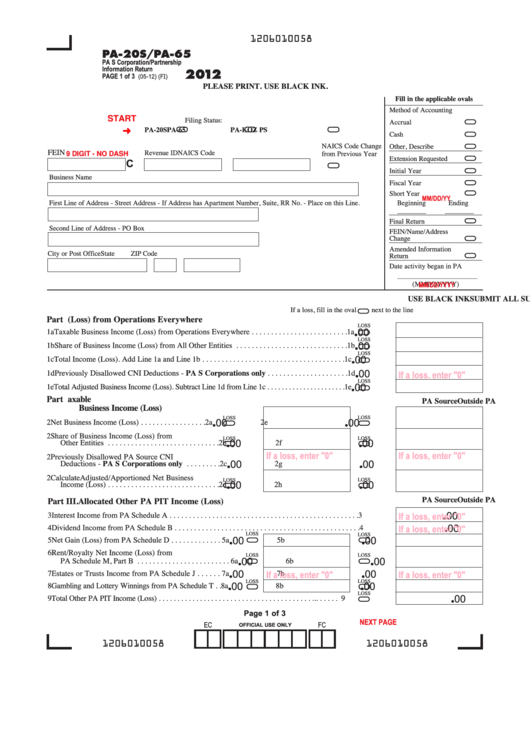 Fillable Form Pa-20s/pa-65 - Pa S Corporation/partnership Information Return - 2012 Printable pdf