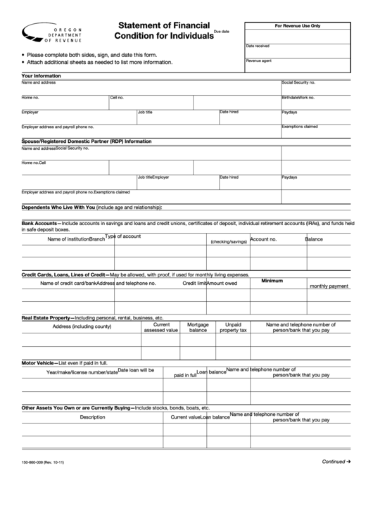Fillable Form 150-860-009 - Statement Of Financial Condition For Individuals Printable pdf