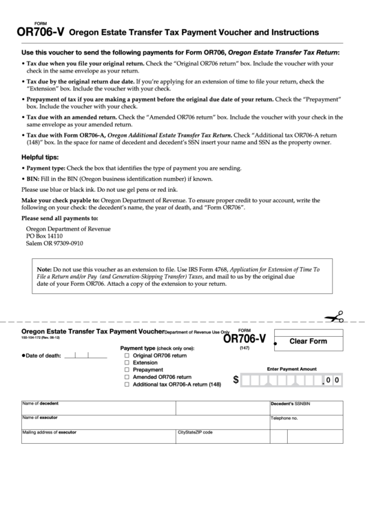Form Or706-V - Oregon Estate Transfer Tax Payment Voucher And Instructions Printable pdf