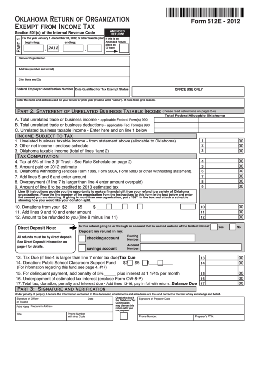 Fillable Form 512e - Oklahoma Return Of Organization Exempt From Income Tax - 2012 Printable pdf