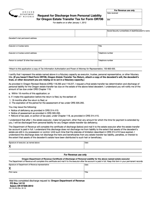 Fillable Form 150-104-005 - Request For Discharge From Personal Liability For Oregon Estate Transfer Tax For Form Or706 Printable pdf