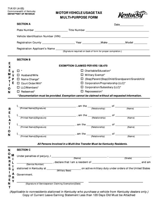 Form 71a101 - Motor Vehicle Usage Tax Multi-Purpose Form Printable pdf
