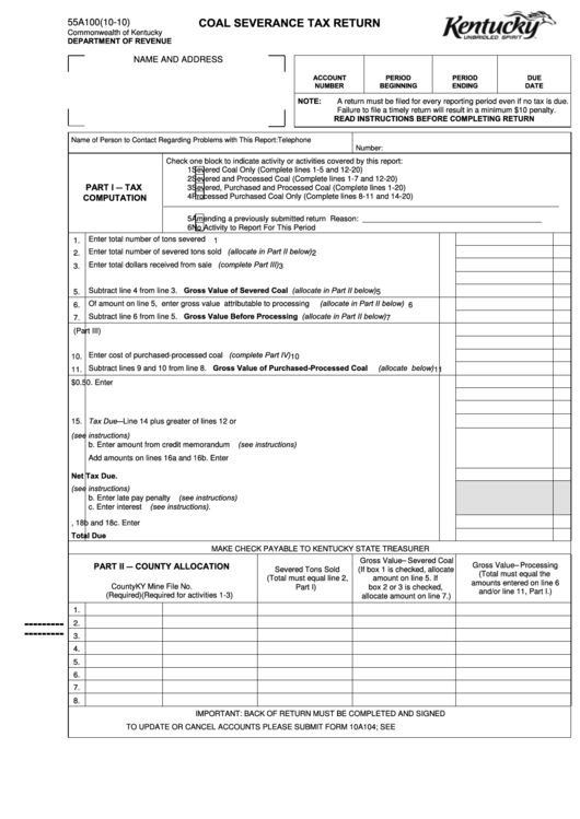 Form 55a100 - Coal Severance Tax Return Printable pdf