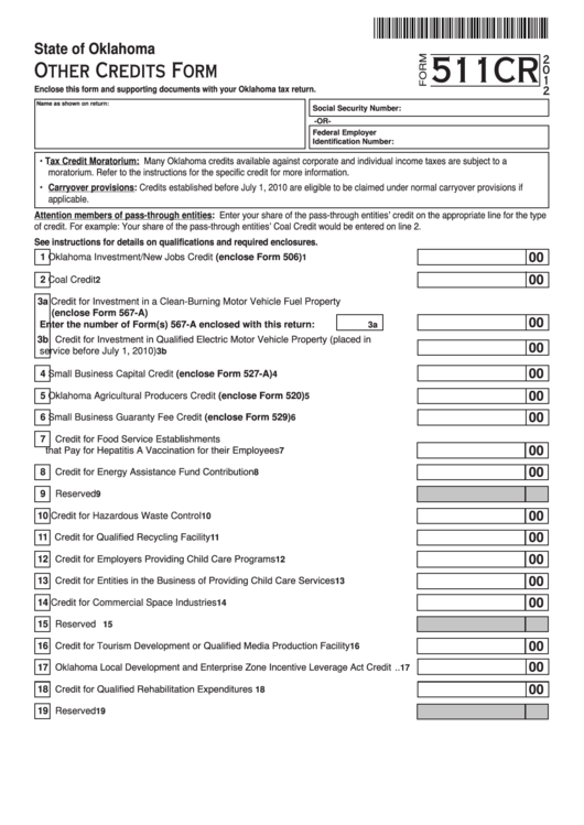 Fillable Form 511cr - Other Credits Form - 2012 Printable pdf