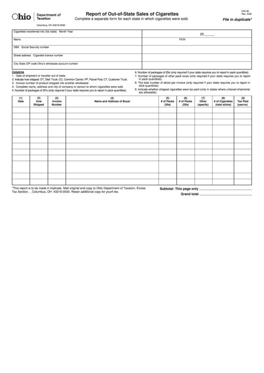 Fillable Form Cig 95 - Report Of Out-Of-State Sales Of Cigarettes Printable pdf