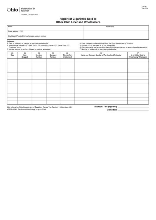Fillable Form Cig 96 - Report Of Cigarettes Sold To Other Ohio Licensed Wholesalers Printable pdf